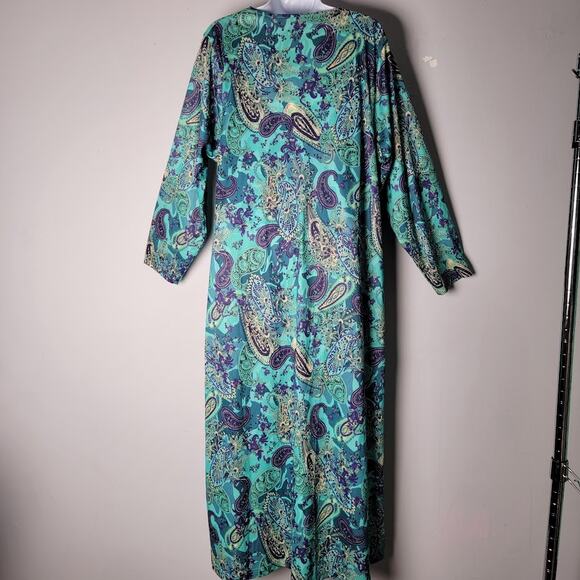 Collections Etc Paisley Caftan Lounge Dress Large Teal Purple Zip Front Maxi - Picture 4 of 9